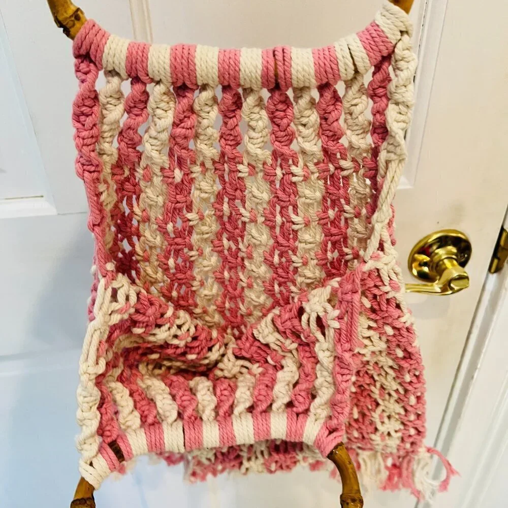 Vintage 70s Macrame Market Bag, Crochet Hobo Handbag, Handwoven Purse w Bamboo